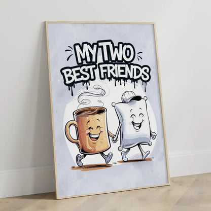 Fröhlicher Poster mit Kaffeetasse und Kissen im Cartoon Stil