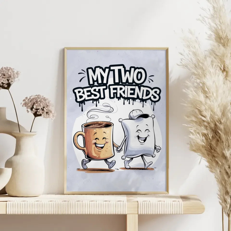 Fröhlicher Poster mit Kaffeetasse und Kissen im Cartoon Stil
