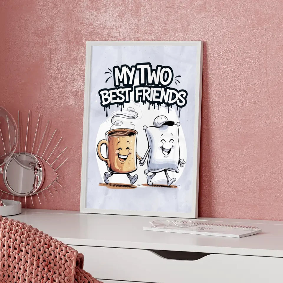 Fröhlicher Poster mit Kaffeetasse und Kissen im Cartoon Stil