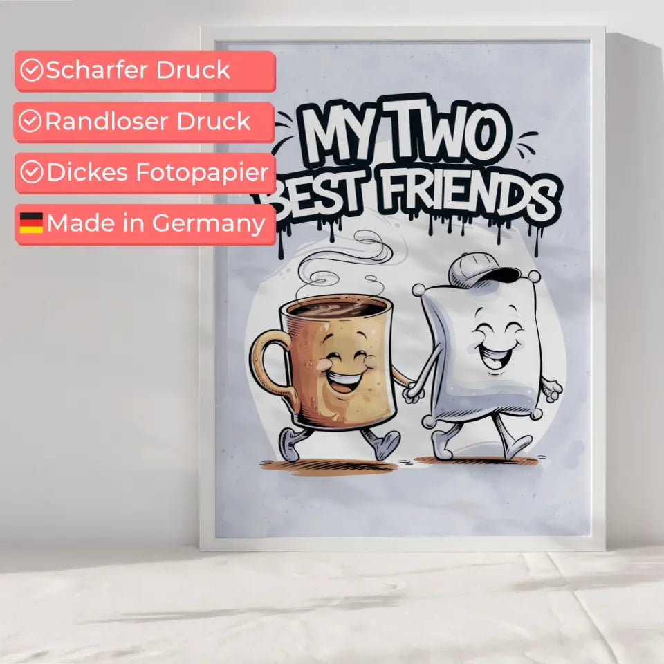 Fröhlicher Poster mit Kaffeetasse und Kissen im Cartoon Stil
