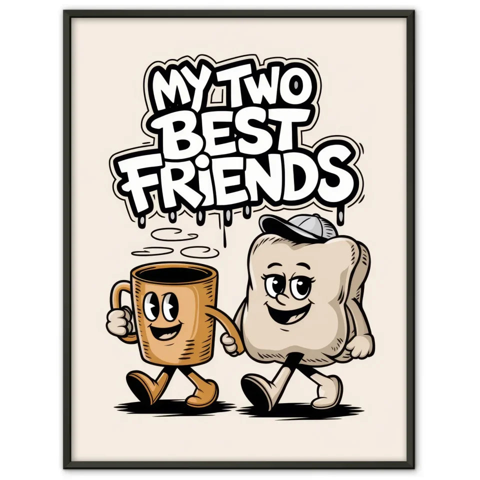 Fröhliche Cartoon Poster mit Kaffeetasse und Kissen