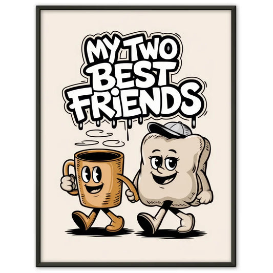 Fröhliche Cartoon Poster mit Kaffeetasse und Kissen