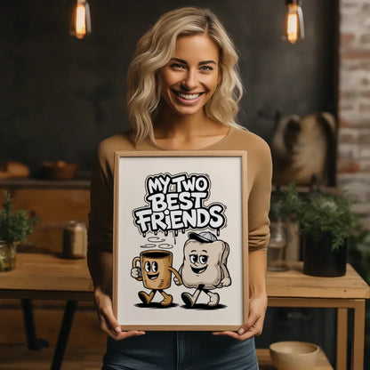 Fröhliche Cartoon Poster mit Kaffeetasse und Kissen
