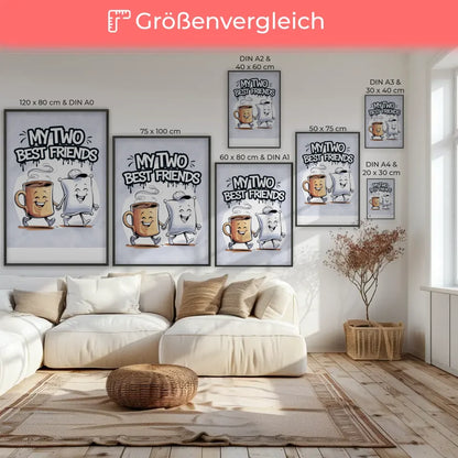 Fröhlicher Poster mit Kaffeetasse und Kissen im Cartoon Stil