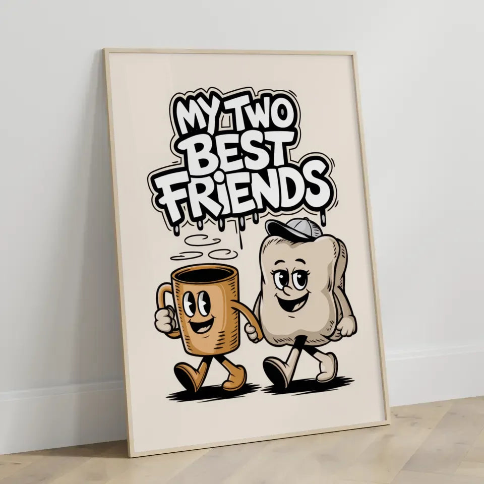 Fröhliche Cartoon Poster mit Kaffeetasse und Kissen
