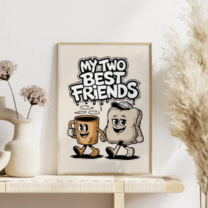 Fröhliche Cartoon Poster mit Kaffeetasse und Kissen