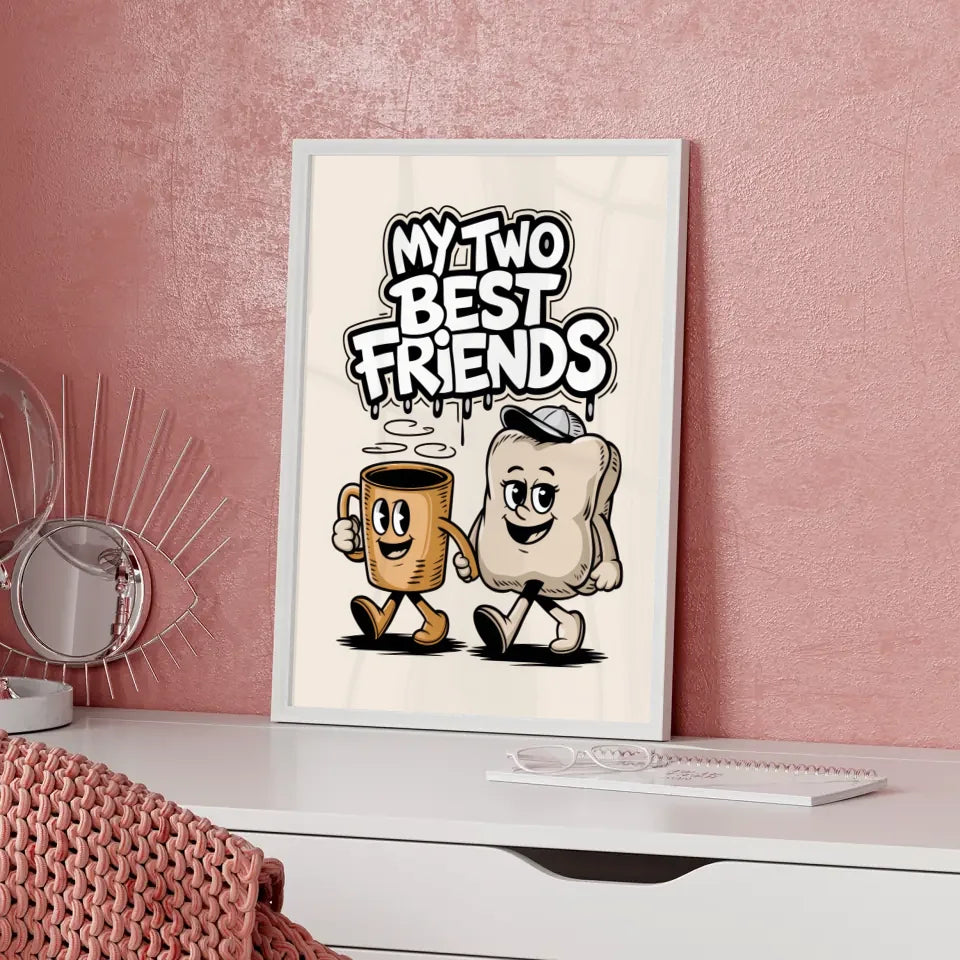 Fröhliche Cartoon Poster mit Kaffeetasse und Kissen