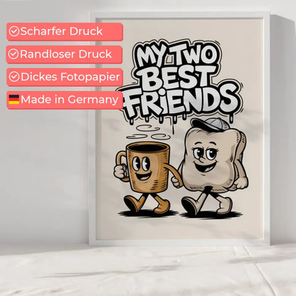 Fröhliche Cartoon Poster mit Kaffeetasse und Kissen