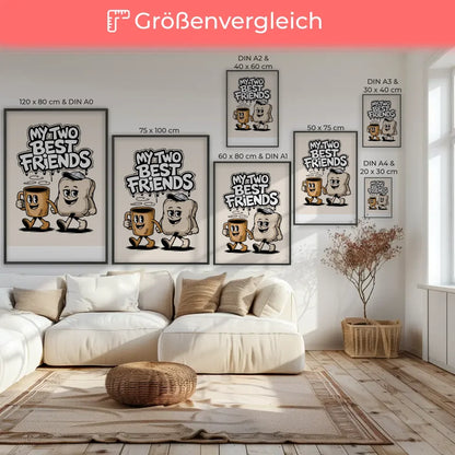 Fröhliche Cartoon Poster mit Kaffeetasse und Kissen