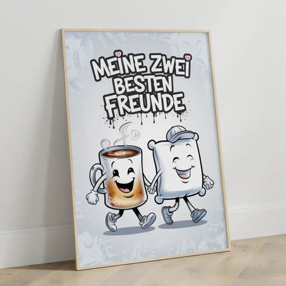 Poster von Kaffeetasse und Kissen mit Freude