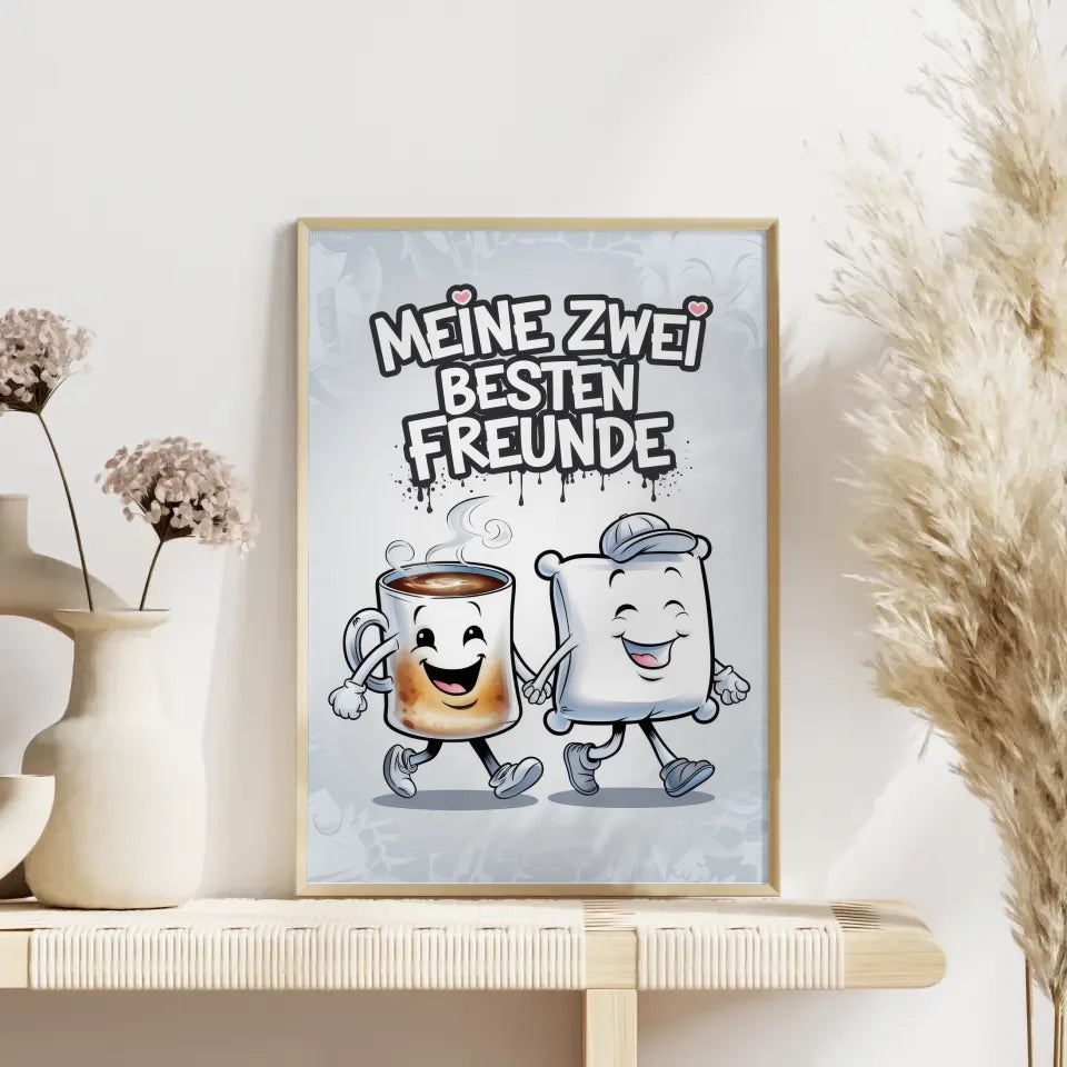 Poster von Kaffeetasse und Kissen mit Freude