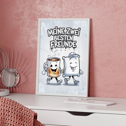 Poster von Kaffeetasse und Kissen mit Freude