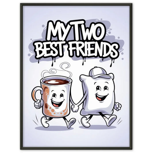 Fröhlicher Cartoon Poster mit Kaffeetasse und Kissen Design