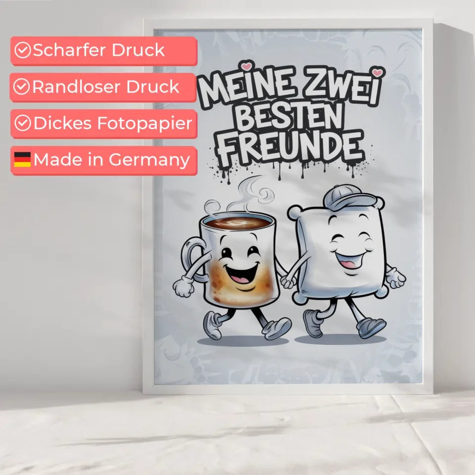 Poster von Kaffeetasse und Kissen mit Freude