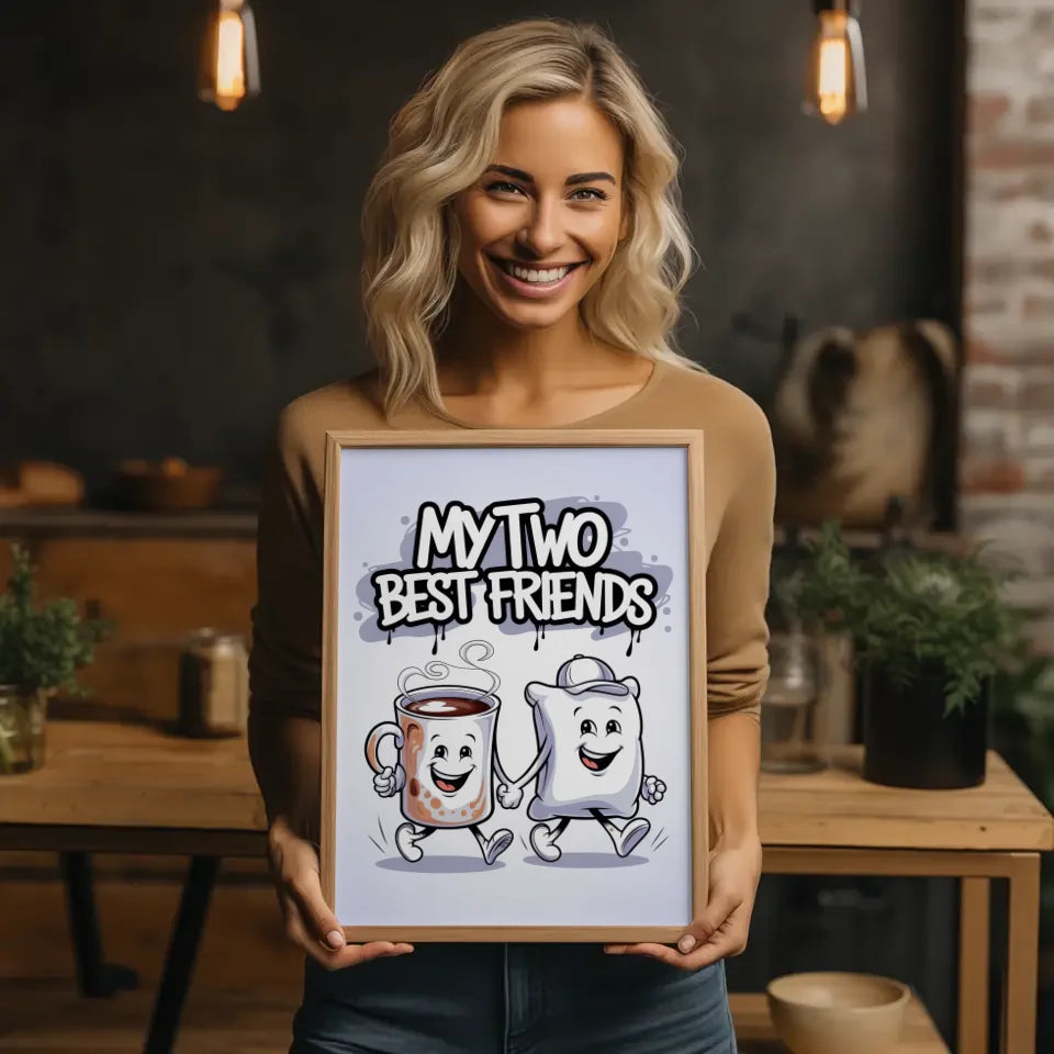 Fröhlicher Cartoon Poster mit Kaffeetasse und Kissen Design