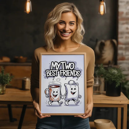 Fröhlicher Cartoon Poster mit Kaffeetasse und Kissen Design