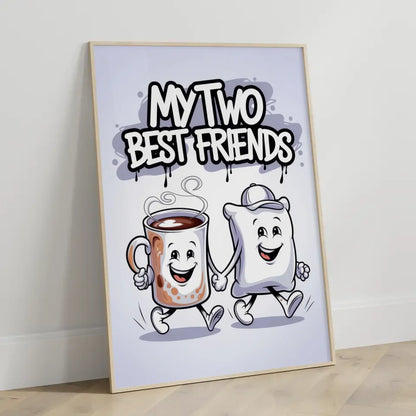 Fröhlicher Cartoon Poster mit Kaffeetasse und Kissen Design