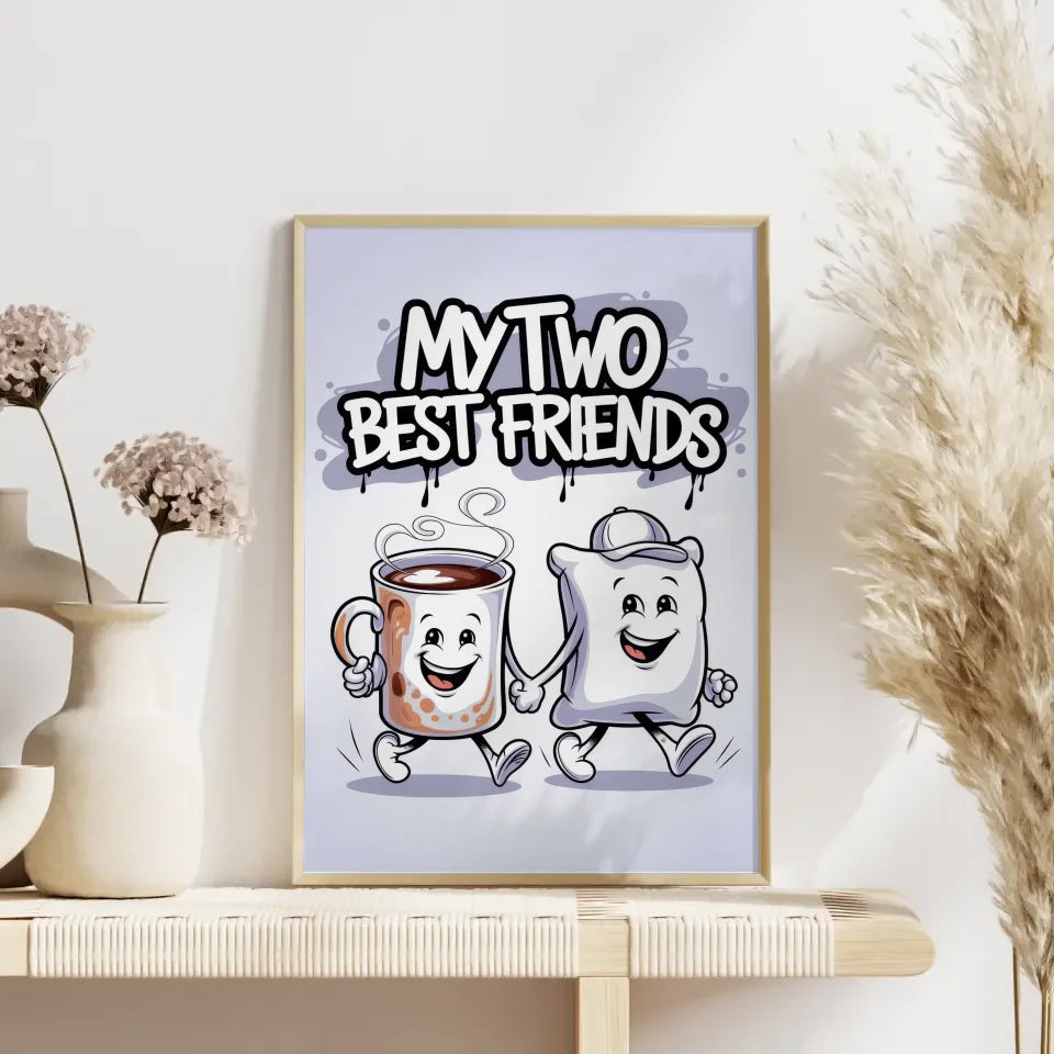 Fröhlicher Cartoon Poster mit Kaffeetasse und Kissen Design