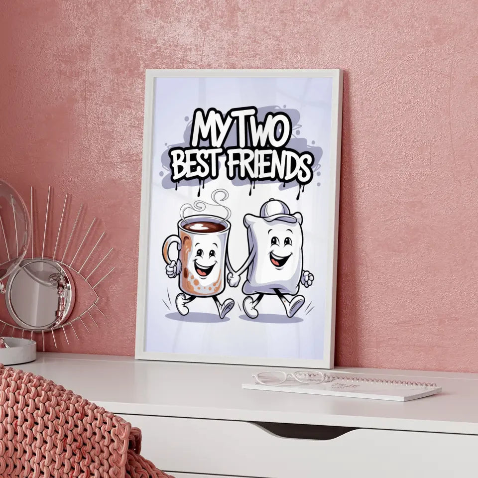 Fröhlicher Cartoon Poster mit Kaffeetasse und Kissen Design