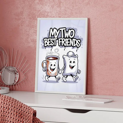 Fröhlicher Cartoon Poster mit Kaffeetasse und Kissen Design