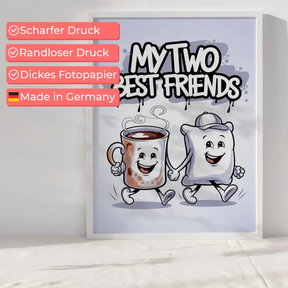 Fröhlicher Cartoon Poster mit Kaffeetasse und Kissen Design