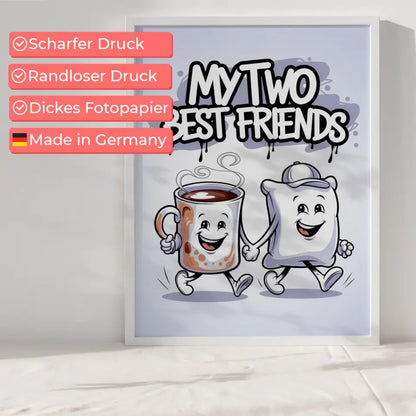 Fröhlicher Cartoon Poster mit Kaffeetasse und Kissen Design