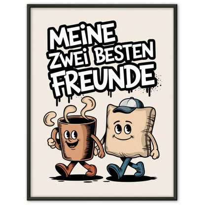 Fröhliche Cartoon Poster Kaffeetasse und Kissen beste Freunde Illustration