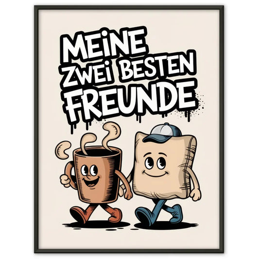 Fröhliche Cartoon Poster Kaffeetasse und Kissen beste Freunde Illustration