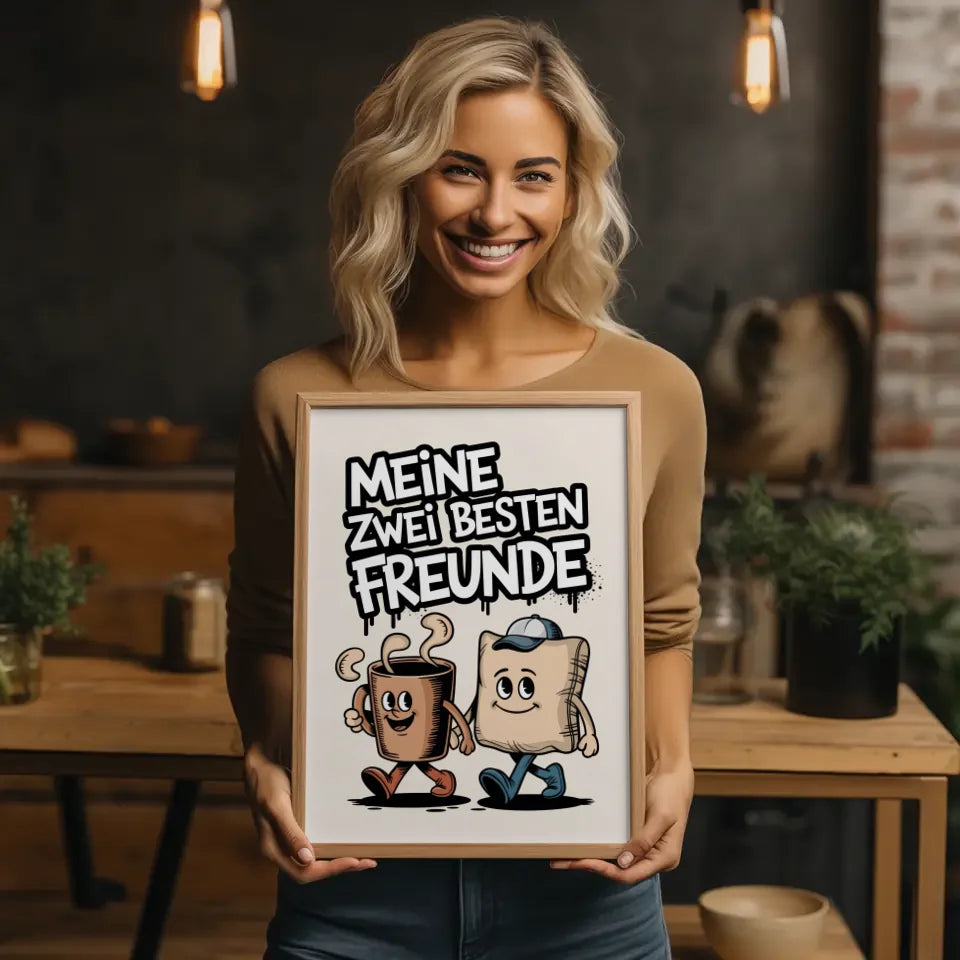 Fröhliche Cartoon Poster Kaffeetasse und Kissen beste Freunde Illustration