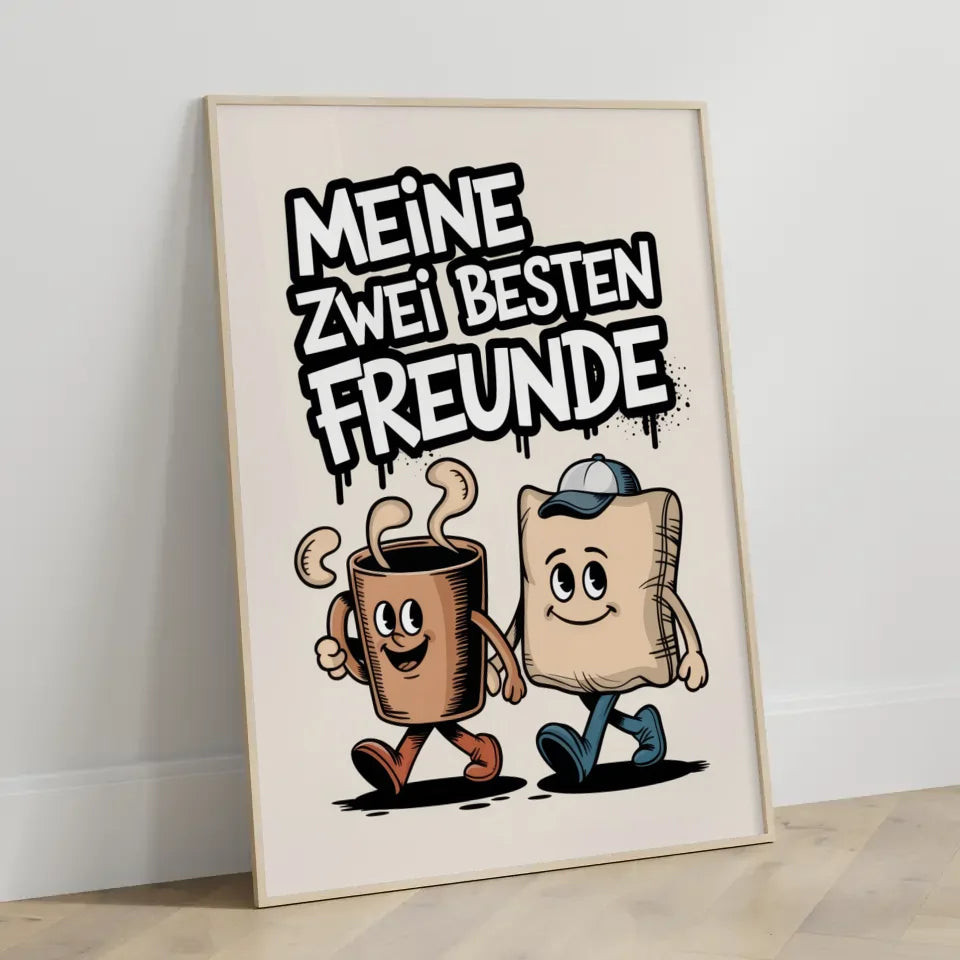Fröhliche Cartoon Poster Kaffeetasse und Kissen beste Freunde Illustration