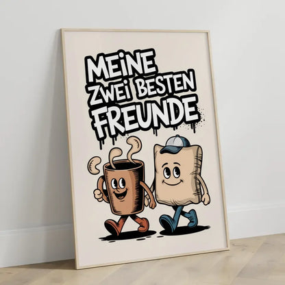 Fröhliche Cartoon Poster Kaffeetasse und Kissen beste Freunde Illustration