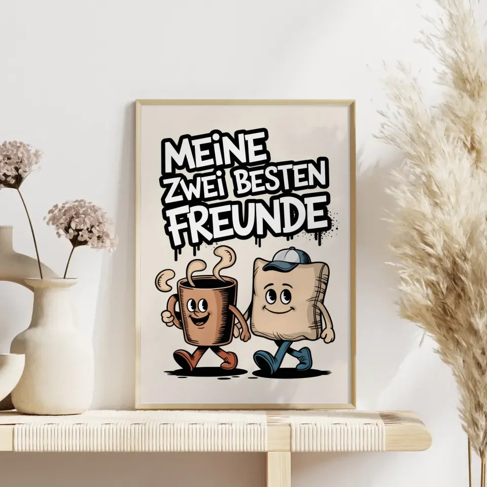 Fröhliche Cartoon Poster Kaffeetasse und Kissen beste Freunde Illustration