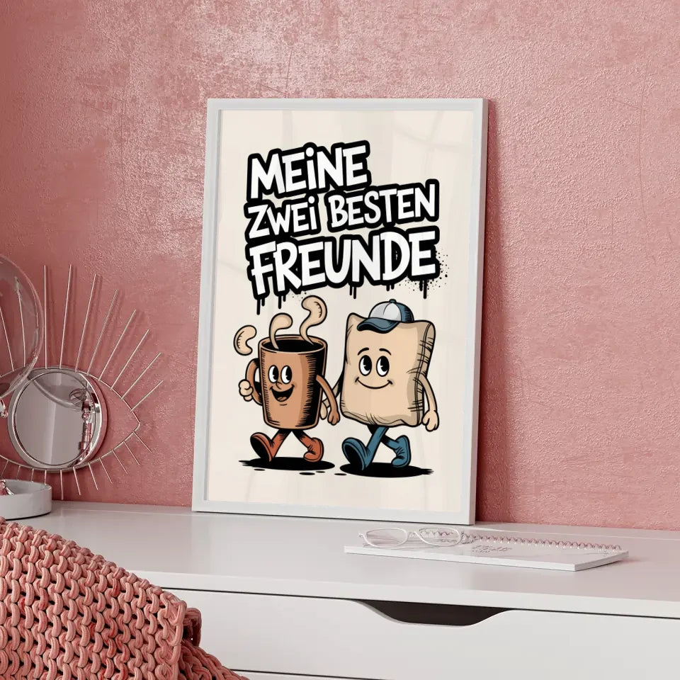 Fröhliche Cartoon Poster Kaffeetasse und Kissen beste Freunde Illustration