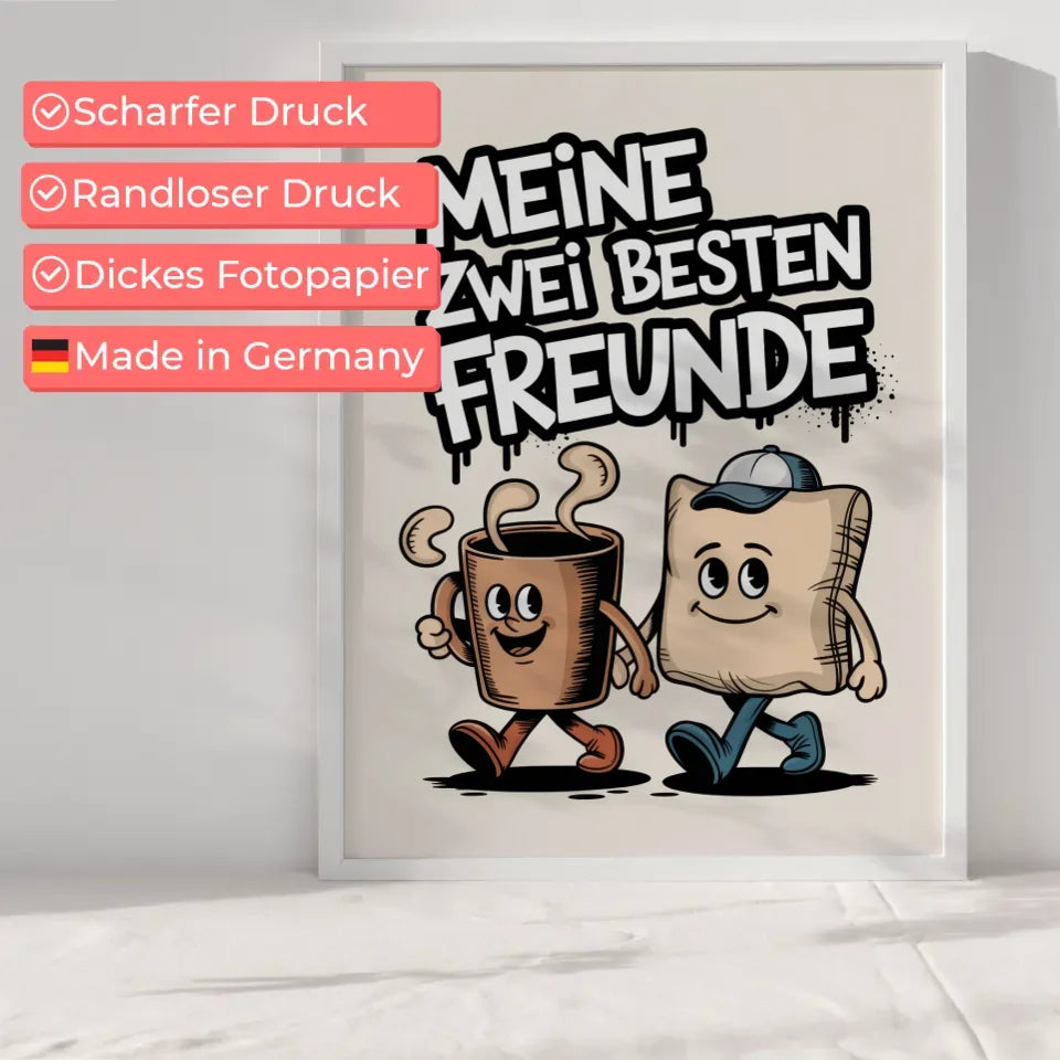Fröhliche Cartoon Poster Kaffeetasse und Kissen beste Freunde Illustration