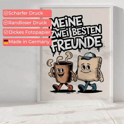 Fröhliche Cartoon Poster Kaffeetasse und Kissen beste Freunde Illustration
