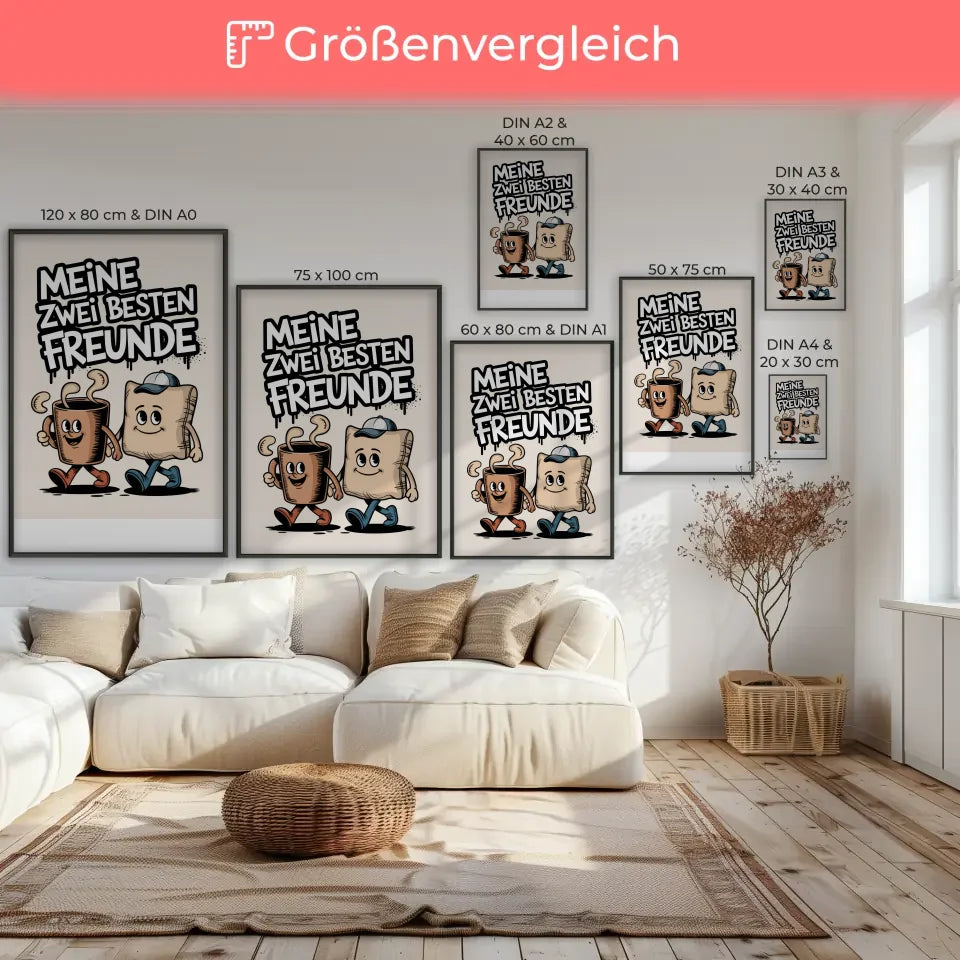 Fröhliche Cartoon Poster Kaffeetasse und Kissen beste Freunde Illustration