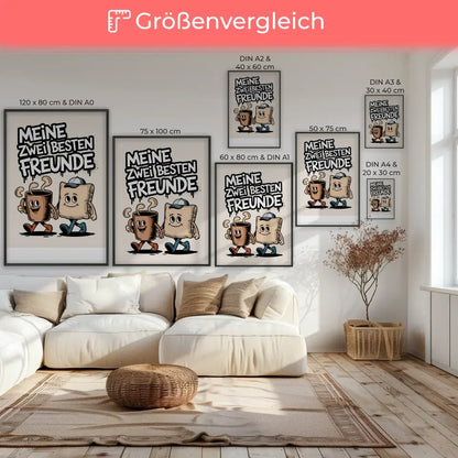 Fröhliche Cartoon Poster Kaffeetasse und Kissen beste Freunde Illustration