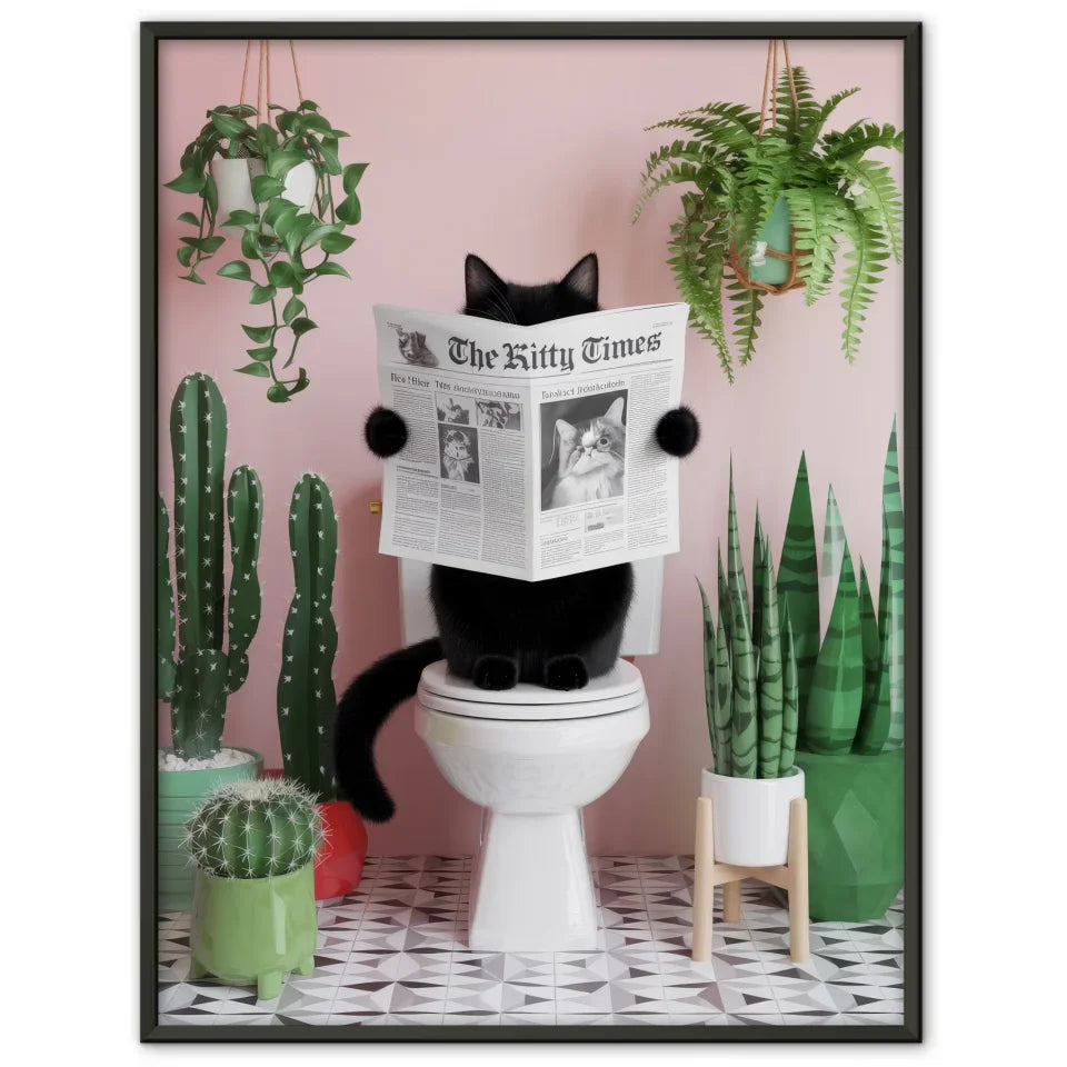 Gemütliches Poster mit Katze auf Toilette und Pflanzen