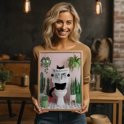 Gemütliches Poster mit Katze auf Toilette und Pflanzen