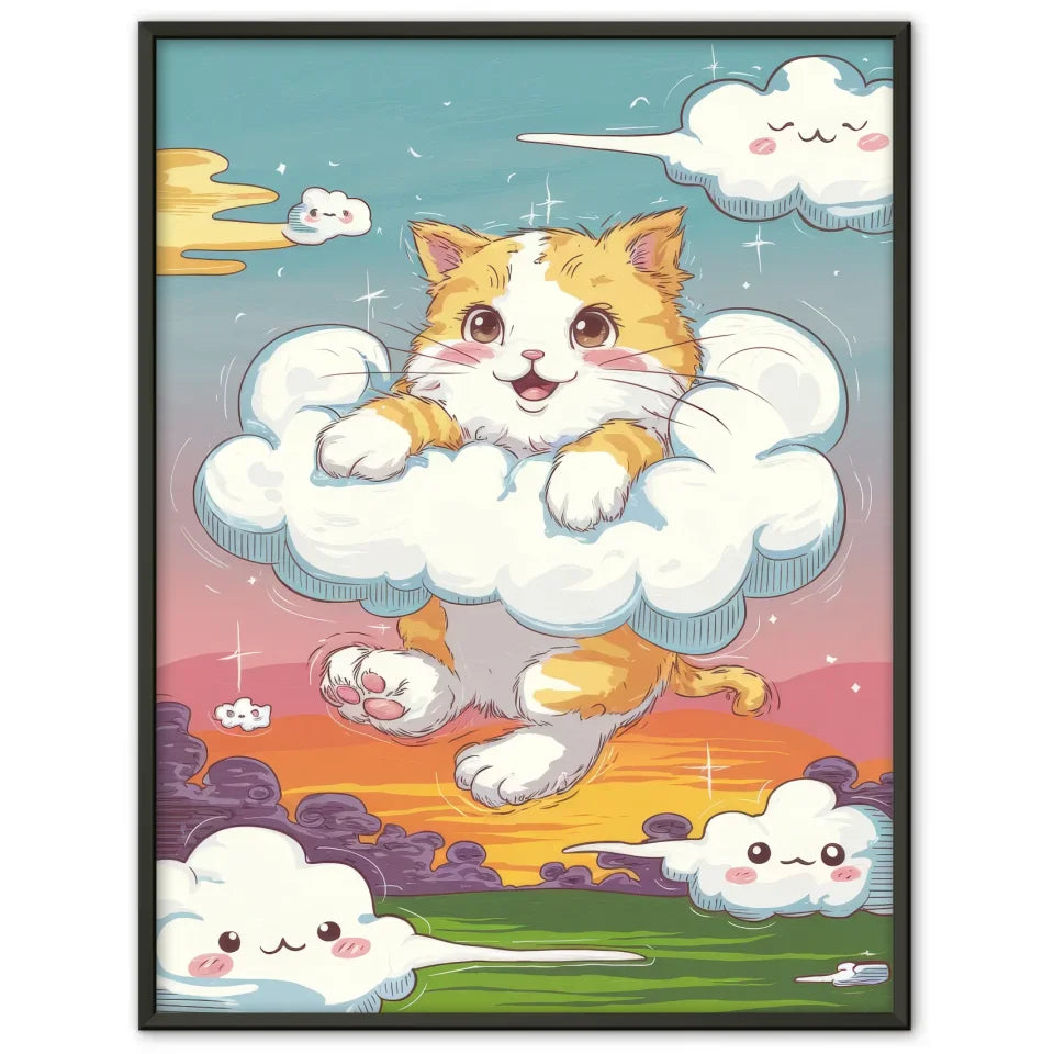 Niedliches Poster mit Kätzchen in Wolken für Katzenliebhaber