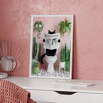Gemütliches Poster mit Katze auf Toilette und Pflanzen