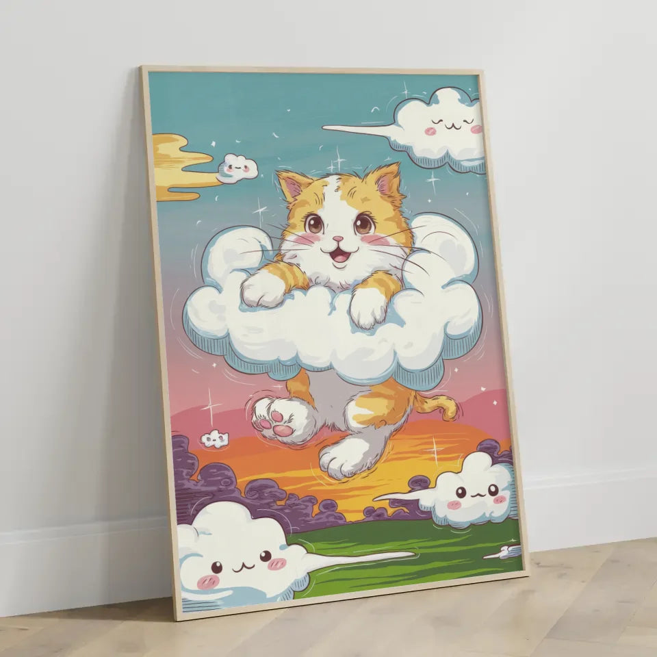 Niedliches Poster mit Kätzchen in Wolken für Katzenliebhaber