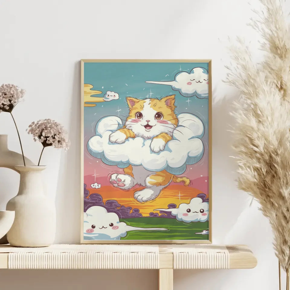 Niedliches Poster mit Kätzchen in Wolken für Katzenliebhaber