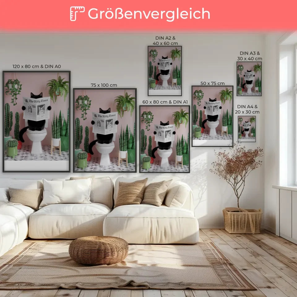 Gemütliches Poster mit Katze auf Toilette und Pflanzen