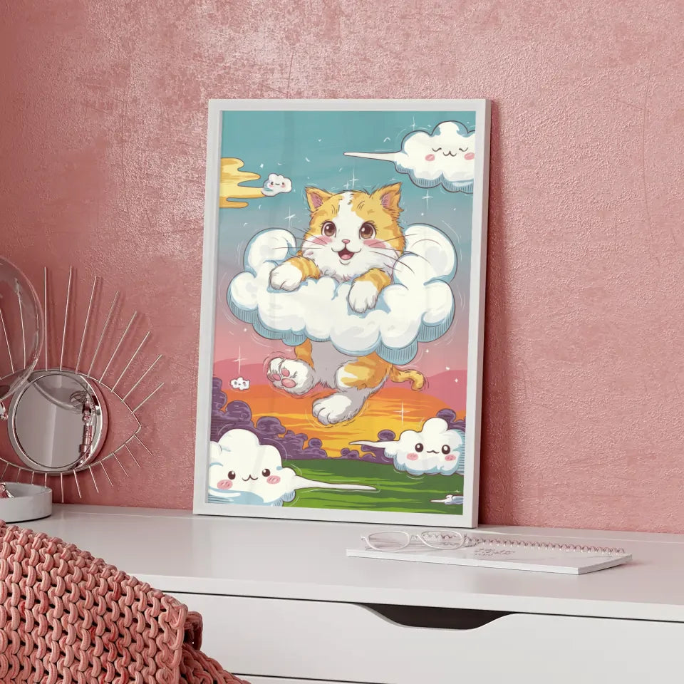 Niedliches Poster mit Kätzchen in Wolken für Katzenliebhaber