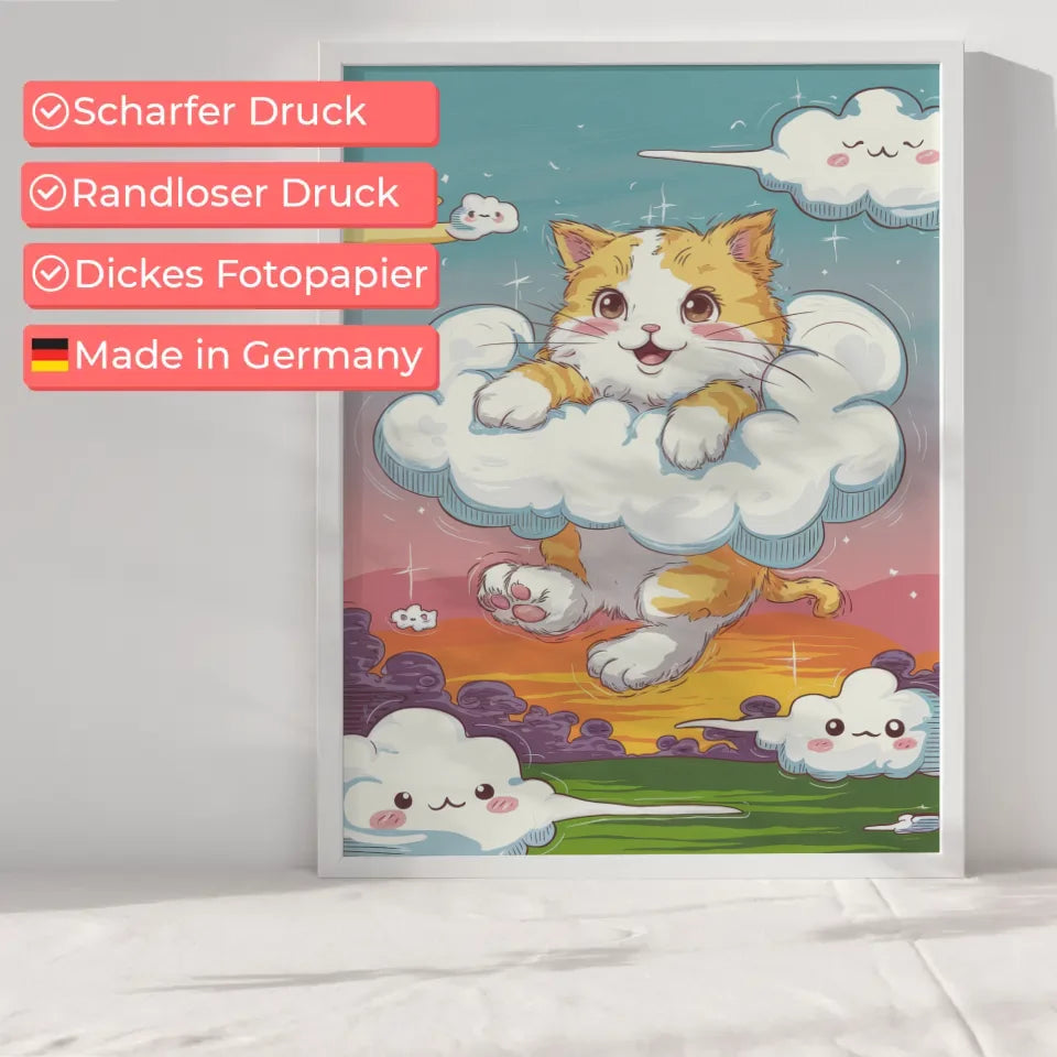 Niedliches Poster mit Kätzchen in Wolken für Katzenliebhaber