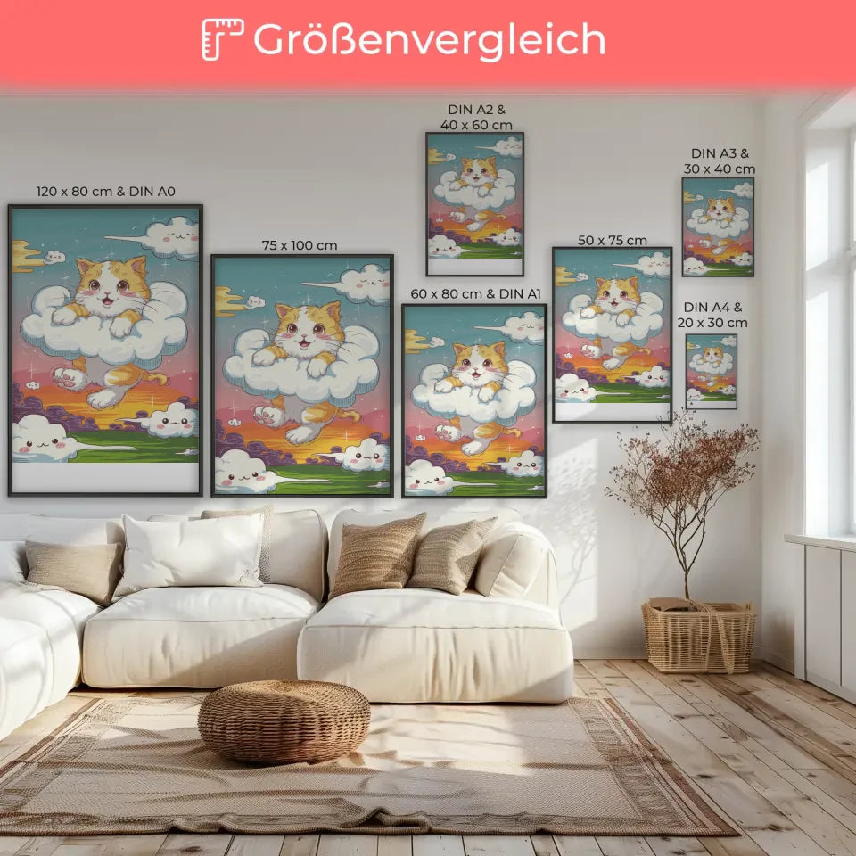 Niedliches Poster mit Kätzchen in Wolken für Katzenliebhaber