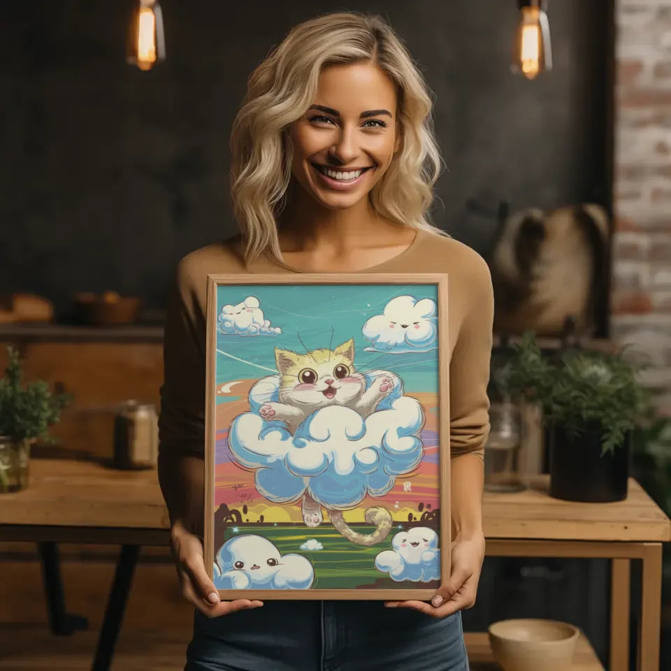 Poster süßes Kätzchen in Wolke mit Sonnenuntergang Kunst