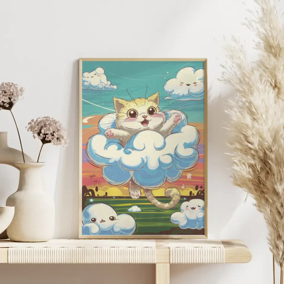 Poster süßes Kätzchen in Wolke mit Sonnenuntergang Kunst