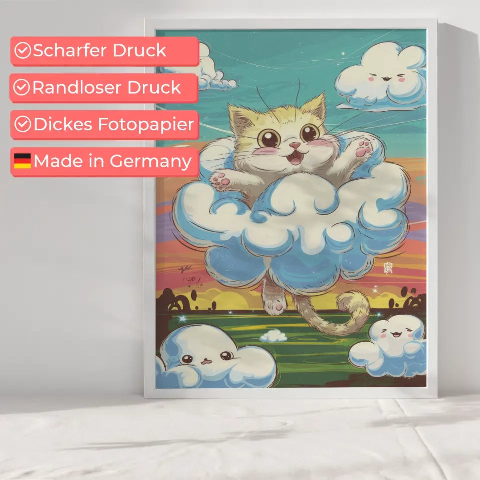 Poster süßes Kätzchen in Wolke mit Sonnenuntergang Kunst